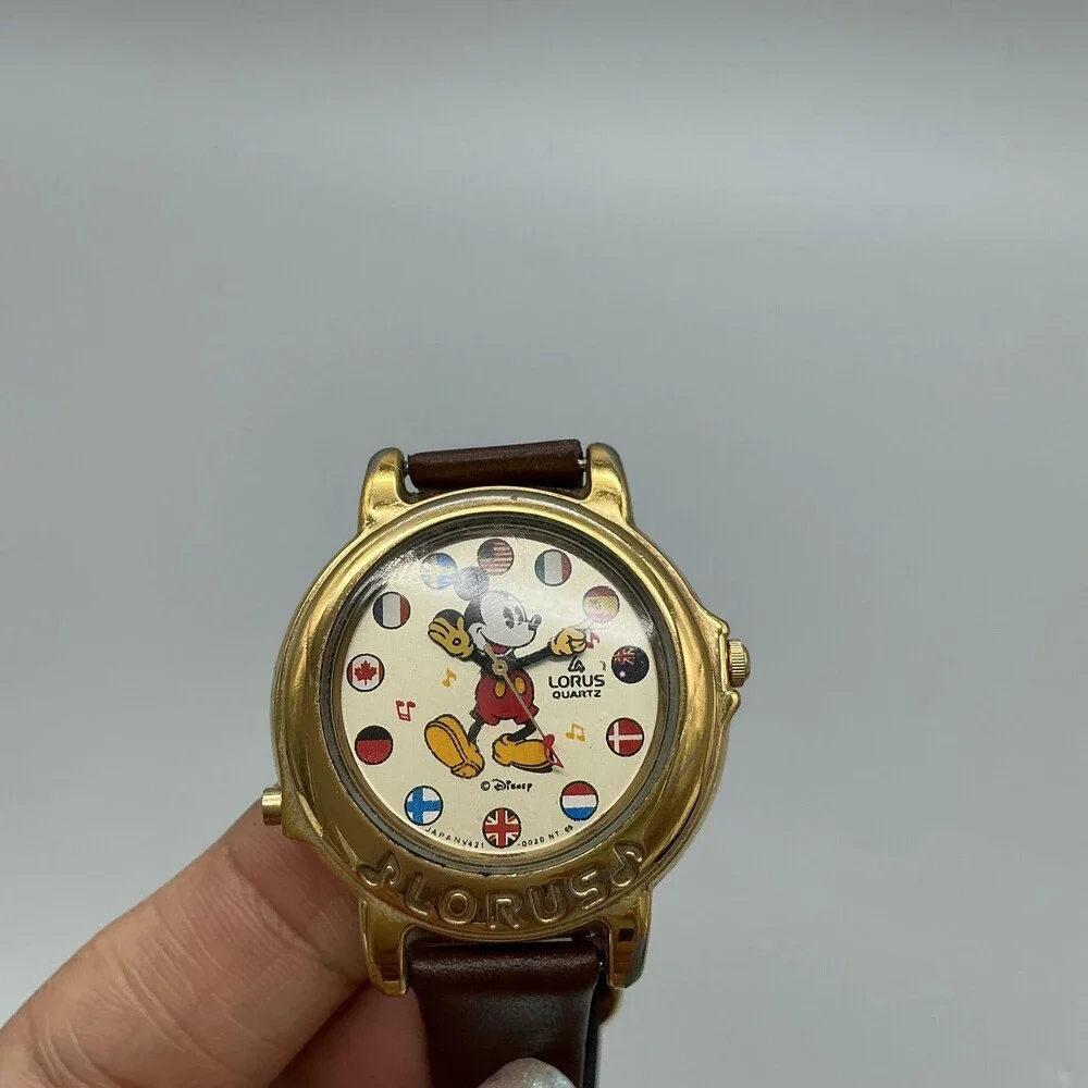 Vintage Disney Lorus Mickey Mouse Watch 34mm Musical Leather V421-0020